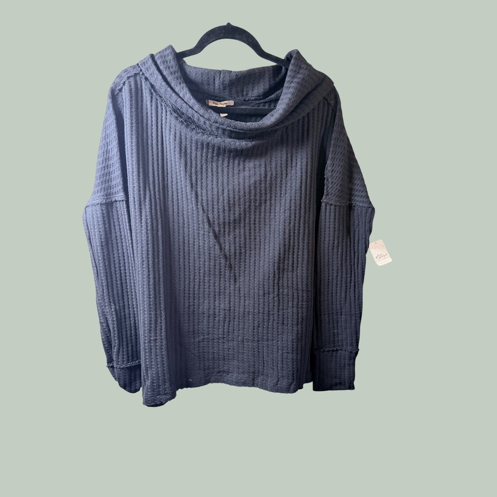Free People charcoal Waffle Knit Cowl Neck Thermal Split Back